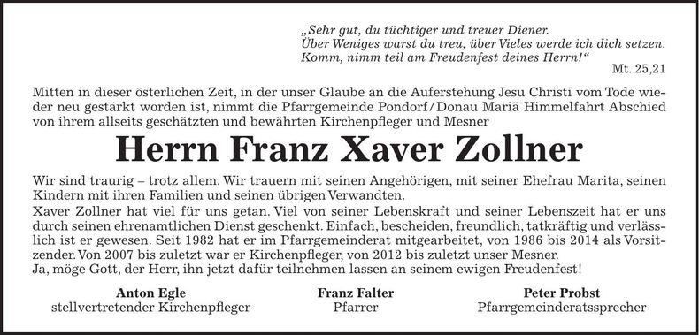 Traueranzeige Franz Xaver Zollner