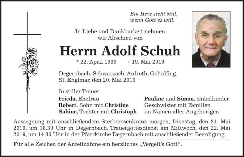 Traueranzeige Adolf Schuh
