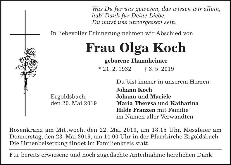 Traueranzeige Olga Koch