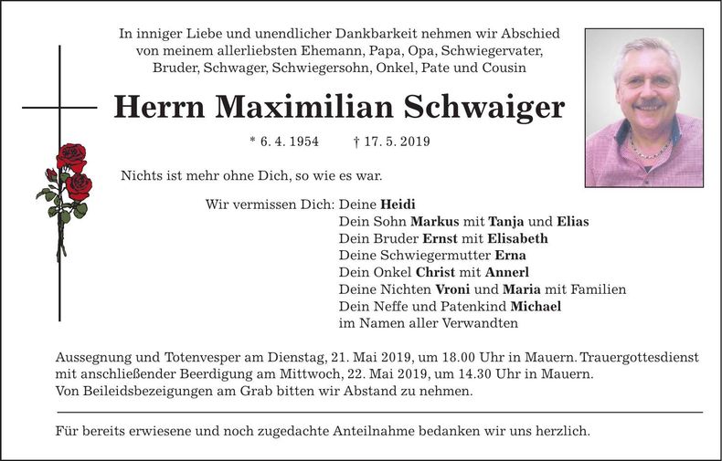 Traueranzeige Maximlian Schwaiger