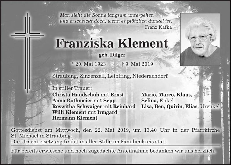 Traueranzeige Franziska Klement