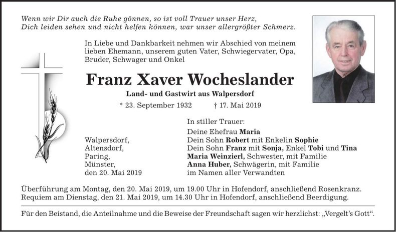 Traueranzeige Franz Xaver Wocheslander