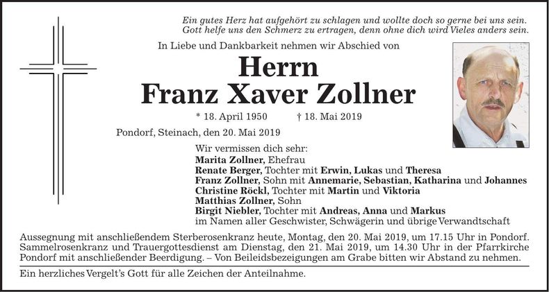 Traueranzeige Franz Xaver Zollner