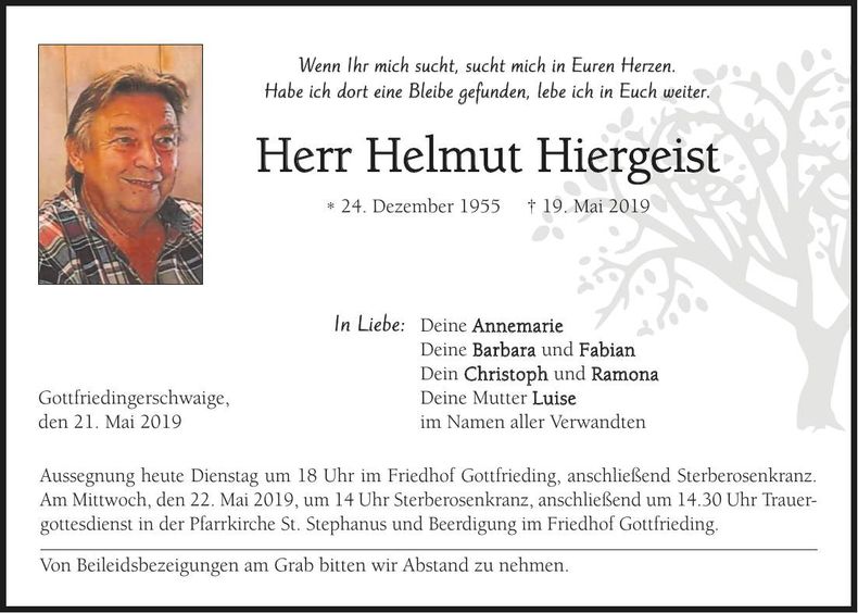 Traueranzeige Helmut Hiergeist