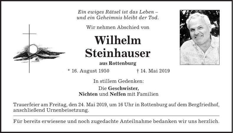Traueranzeige Wilhelm Steinhauser