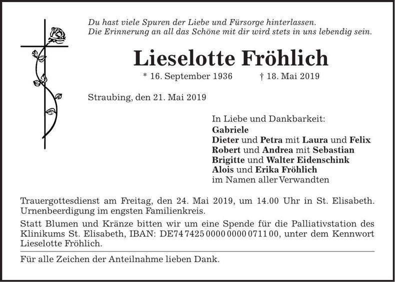 Traueranzeige Lieselotte Fröhlich