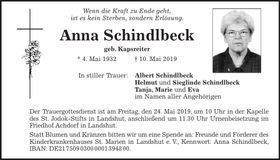 Traueranzeige Anna Schindlbeck