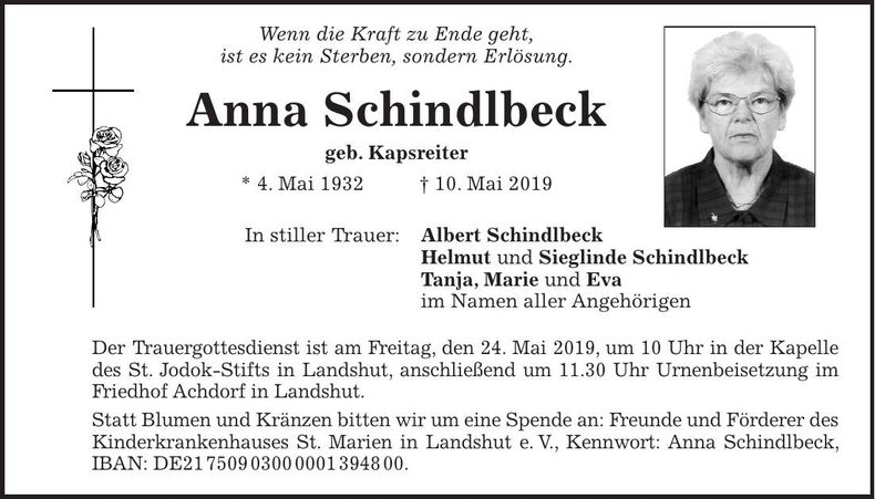 Traueranzeige Anna Schindlbeck