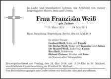 Traueranzeige Franziska Weiß