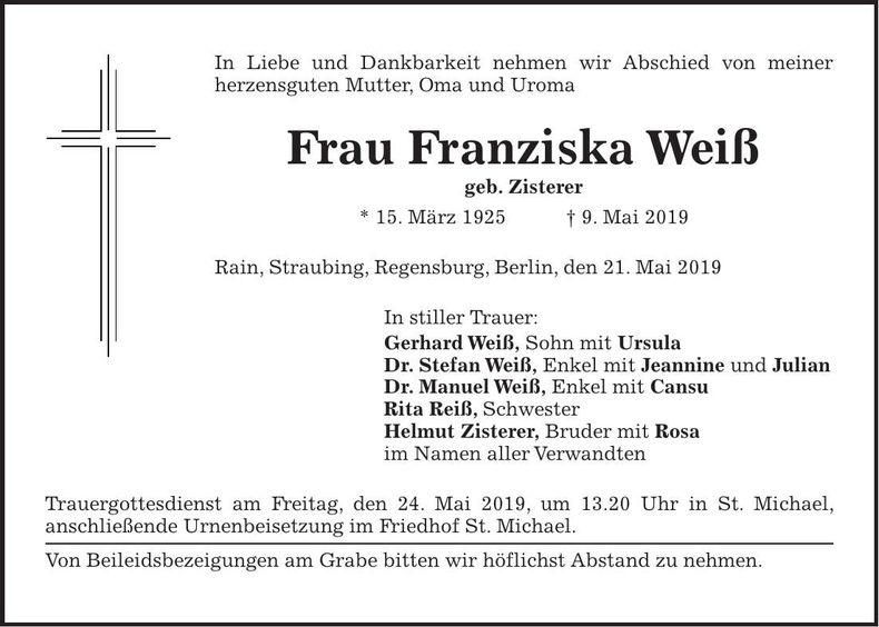 Traueranzeige Franziska Weiß