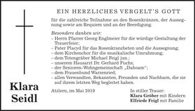Traueranzeige Klara Seidl