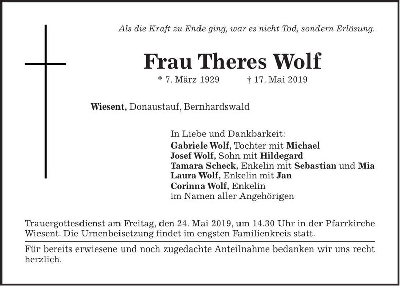 Traueranzeige Theres Wolf