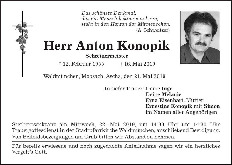 Traueranzeige Anton Konopik