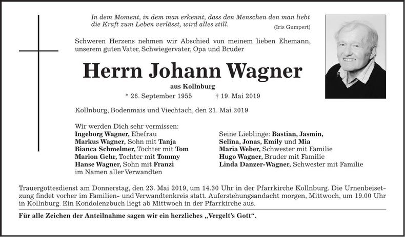 Traueranzeige Johann Wagner