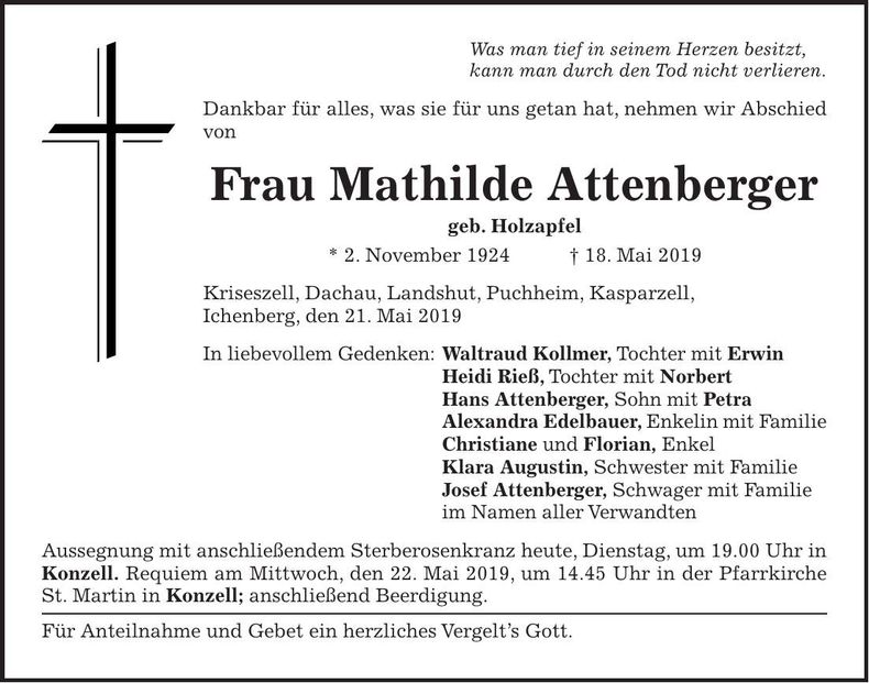 Traueranzeige Mathilde Attenberger
