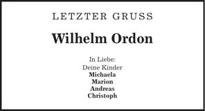 Traueranzeige Wilhelm Ordon