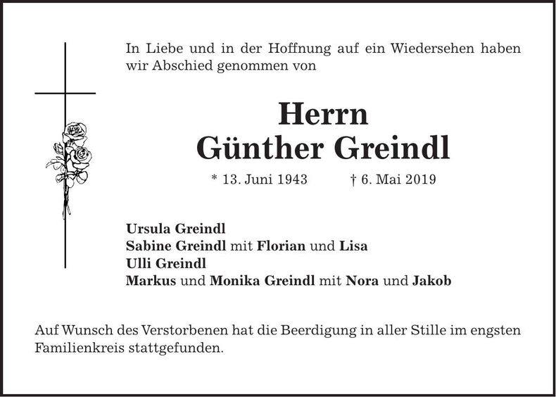 Traueranzeige Günther Greindl