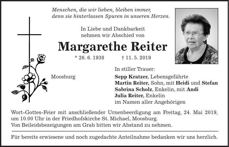 Traueranzeige Margarethe Reiter
