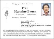 Traueranzeige Hermine Bauer