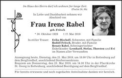 Traueranzeige Irene Rabel