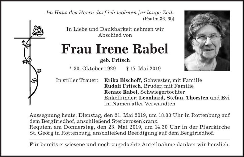 Traueranzeige Irene Rabel