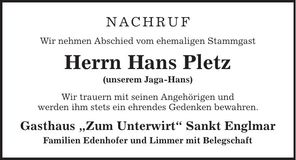 Traueranzeige Hans Pletz