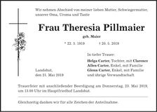 Traueranzeige Theresia Pillmaier