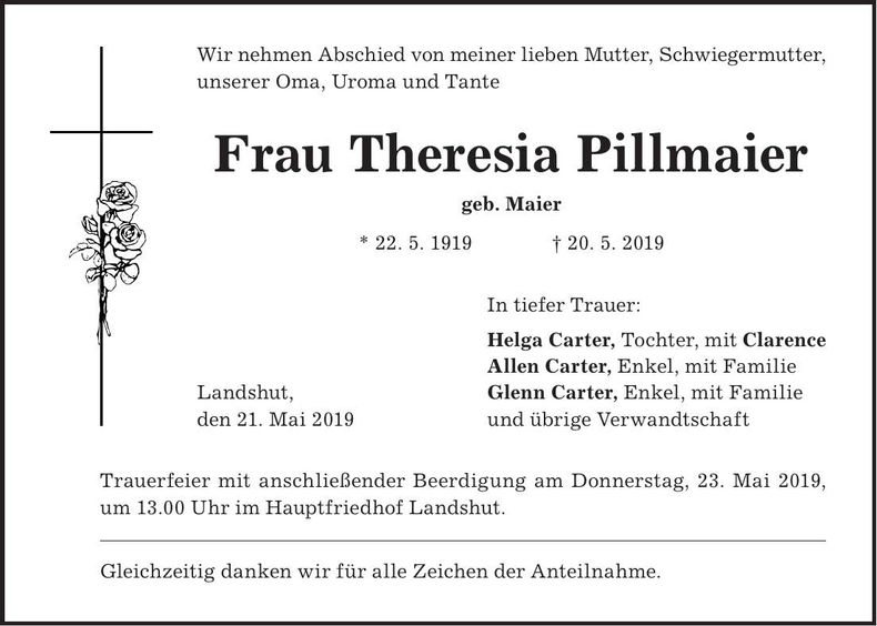 Traueranzeige Theresia Pillmaier