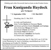 Traueranzeige Kunigunda Haydock