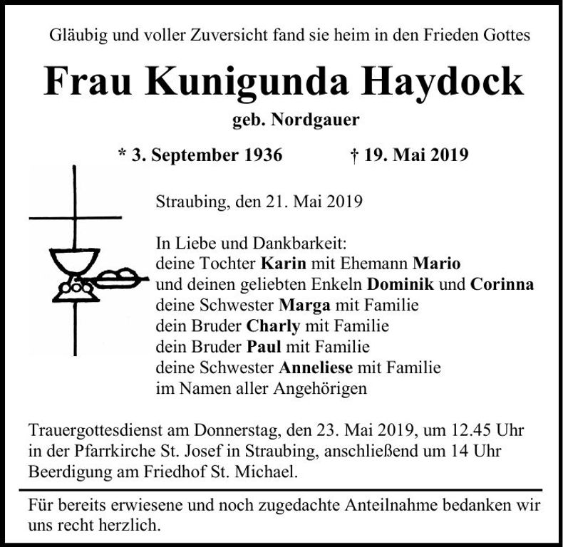 Traueranzeige Kunigunda Haydock
