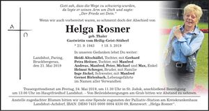 Traueranzeige Helga Rosner