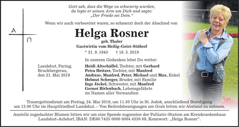 Traueranzeige Helga Rosner