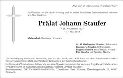 Traueranzeige Johann Prälat Staufer