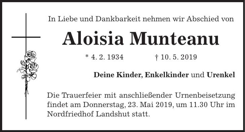 Traueranzeige Aloisia Munteanu