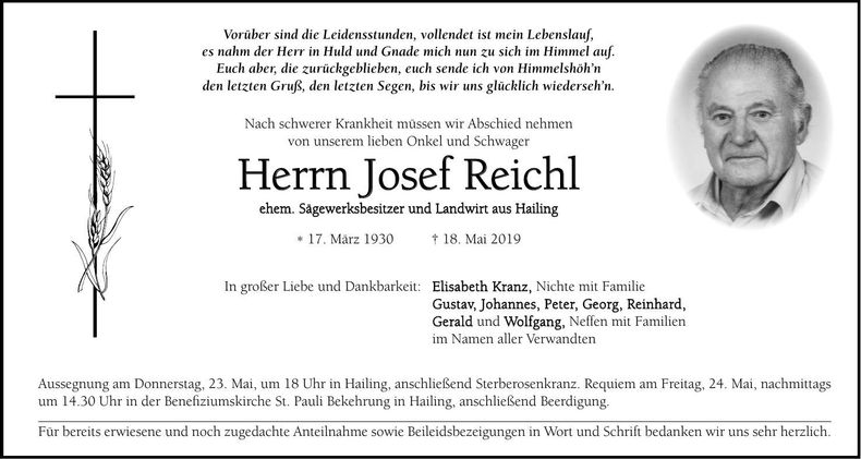 Traueranzeige Josef Reichl