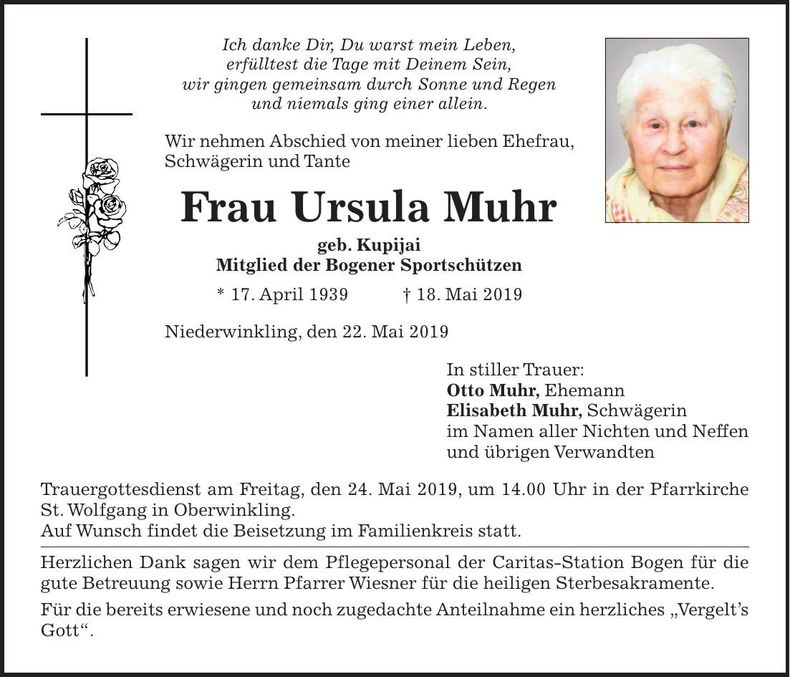 Traueranzeige Ursula Muhr