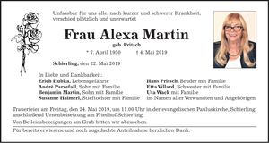 Traueranzeige Alexa Martin