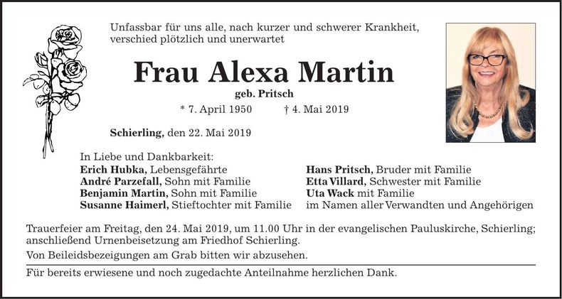Traueranzeige Alexa Martin