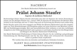 Traueranzeige Johann Prälat Staufer
