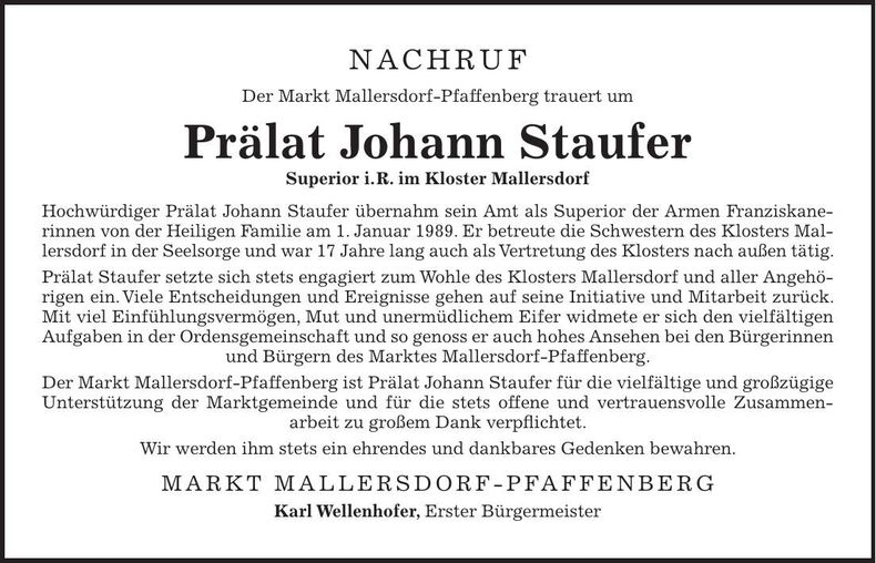 Traueranzeige Johann Prälat Staufer