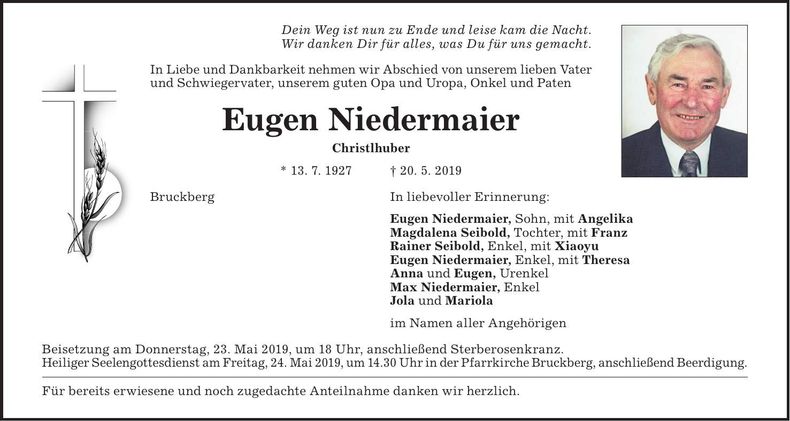 Traueranzeige Eugen Niedermaier