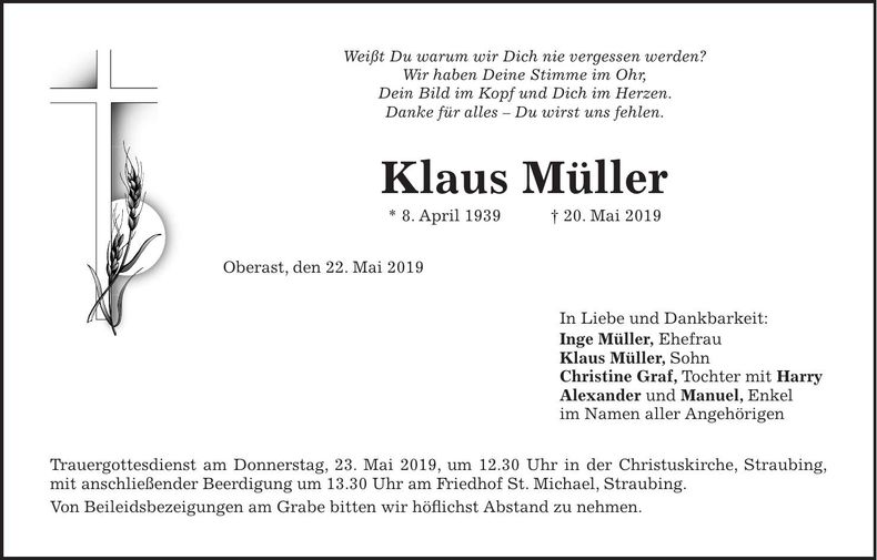 Traueranzeige Klaus Müller