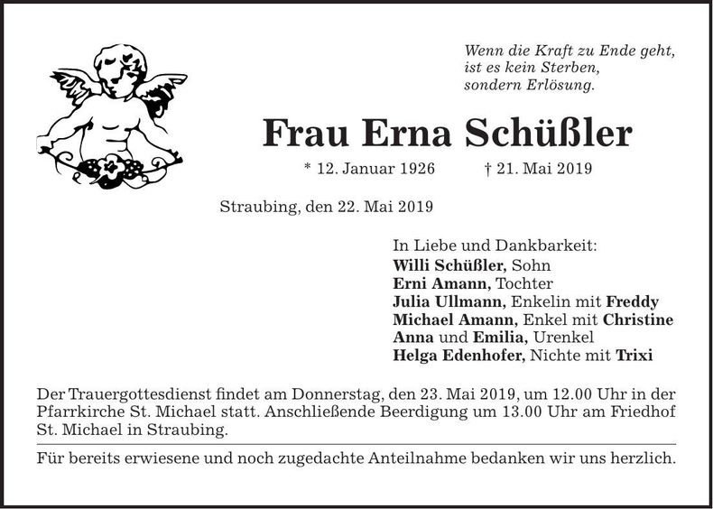 Traueranzeige Erna Schüßler