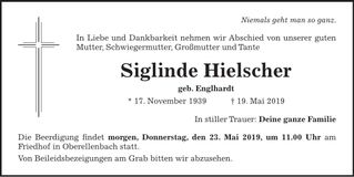 Traueranzeige Sieglinde Hielscher