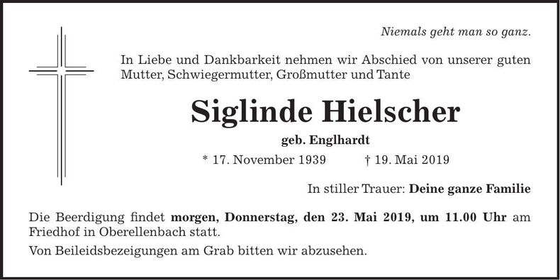 Traueranzeige Sieglinde Hielscher