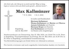 Traueranzeige Max Kallmünzer