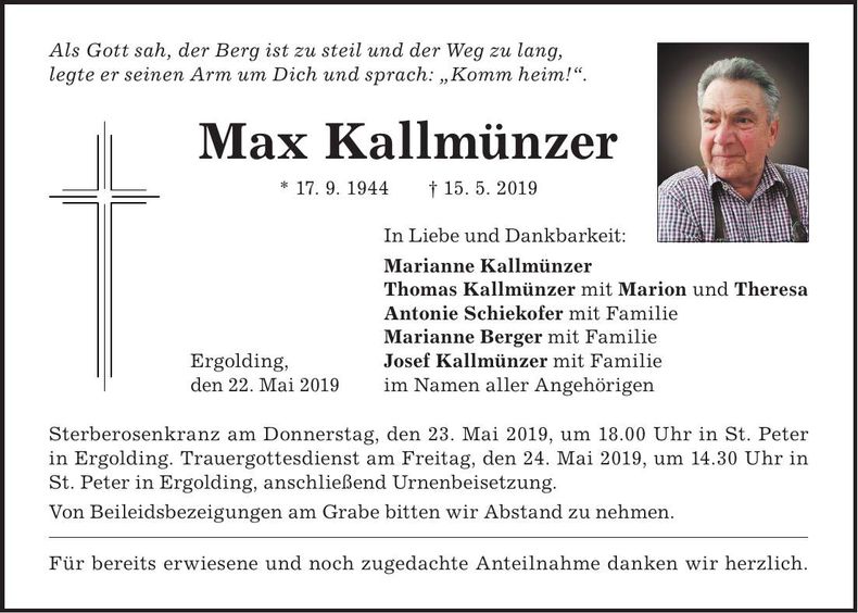 Traueranzeige Max Kallmünzer