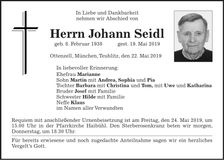 Traueranzeige Johann Seidl