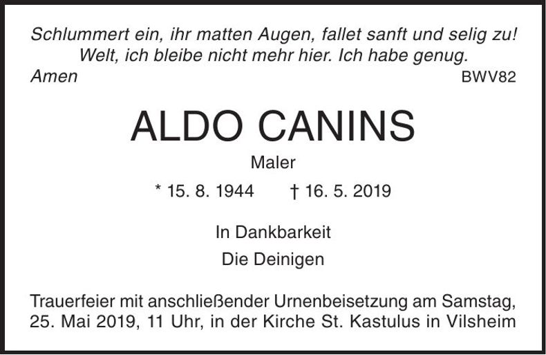 Traueranzeige Aldo Canins