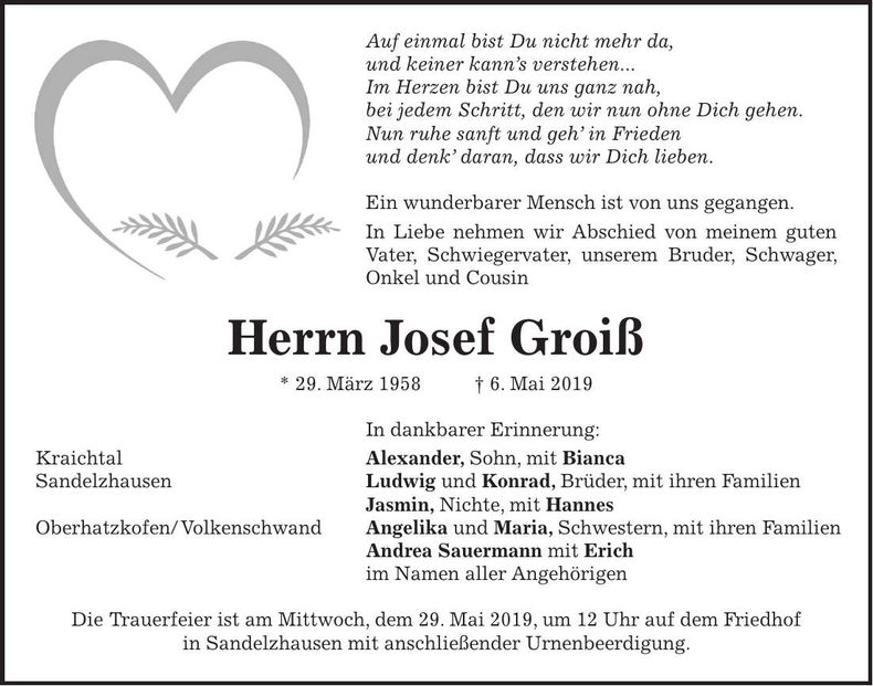 Traueranzeige Josef Groiß